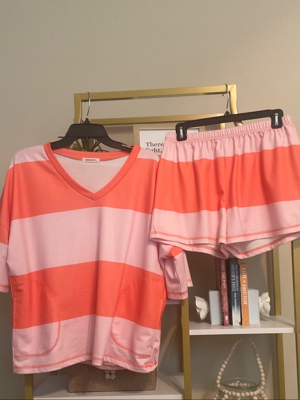 Coral & Light Pink Striped V-Neck Short set